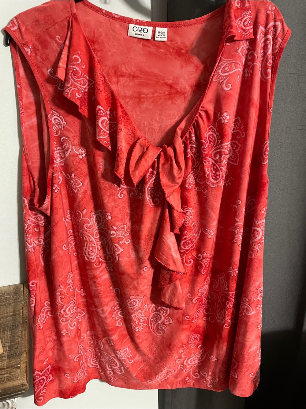 Cato coral Red Paisley Ruffle V-Neck Camisole